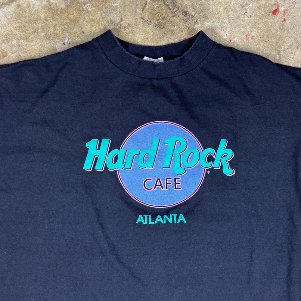 Vintage Hard Rock Cafe Atlanta T-Shirt Men's XL Black USA Made 90s Neon Logo Tee - Picture 2 of 9